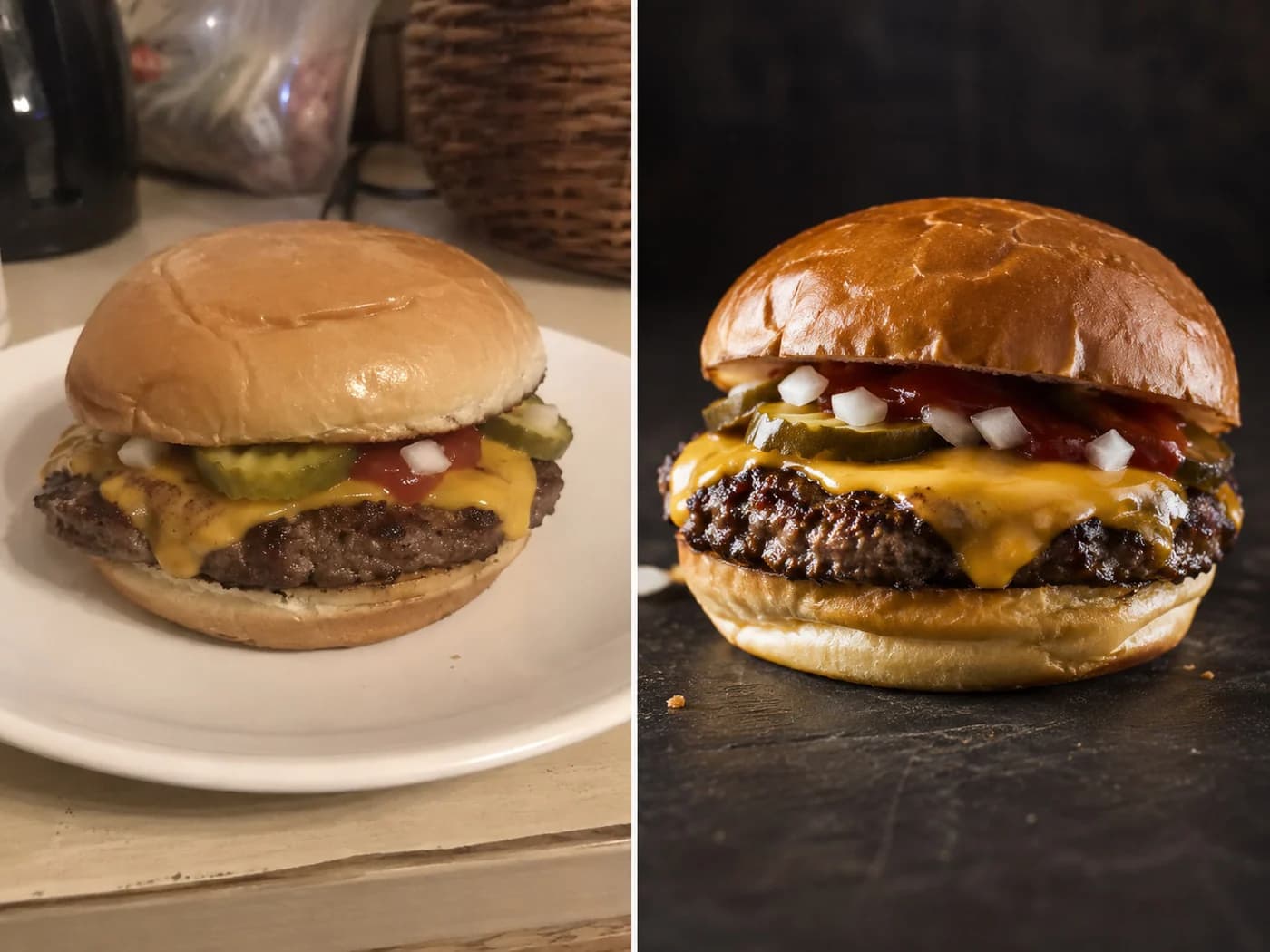 Antes e depois: hambúrguer com foto improvisada versus visual de marca que transmite mais valor
